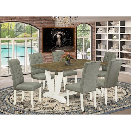 East West Furniture 7 Piece V-Style Dining Table Set - Linen White V076EL207-7